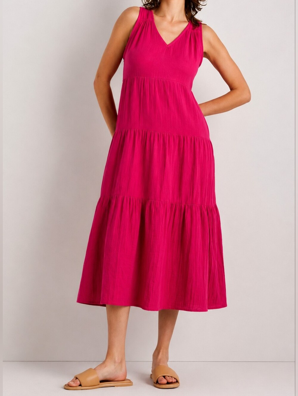 Quince Organic Cotton Gauze Tiered Maxi Dress Hot Pink Sleeveless Size L NWT